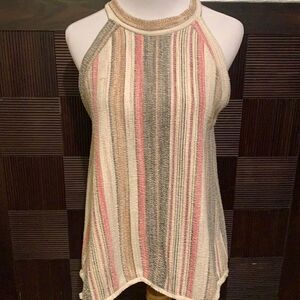 W5 woven knit striped sleeveless top mini fringe